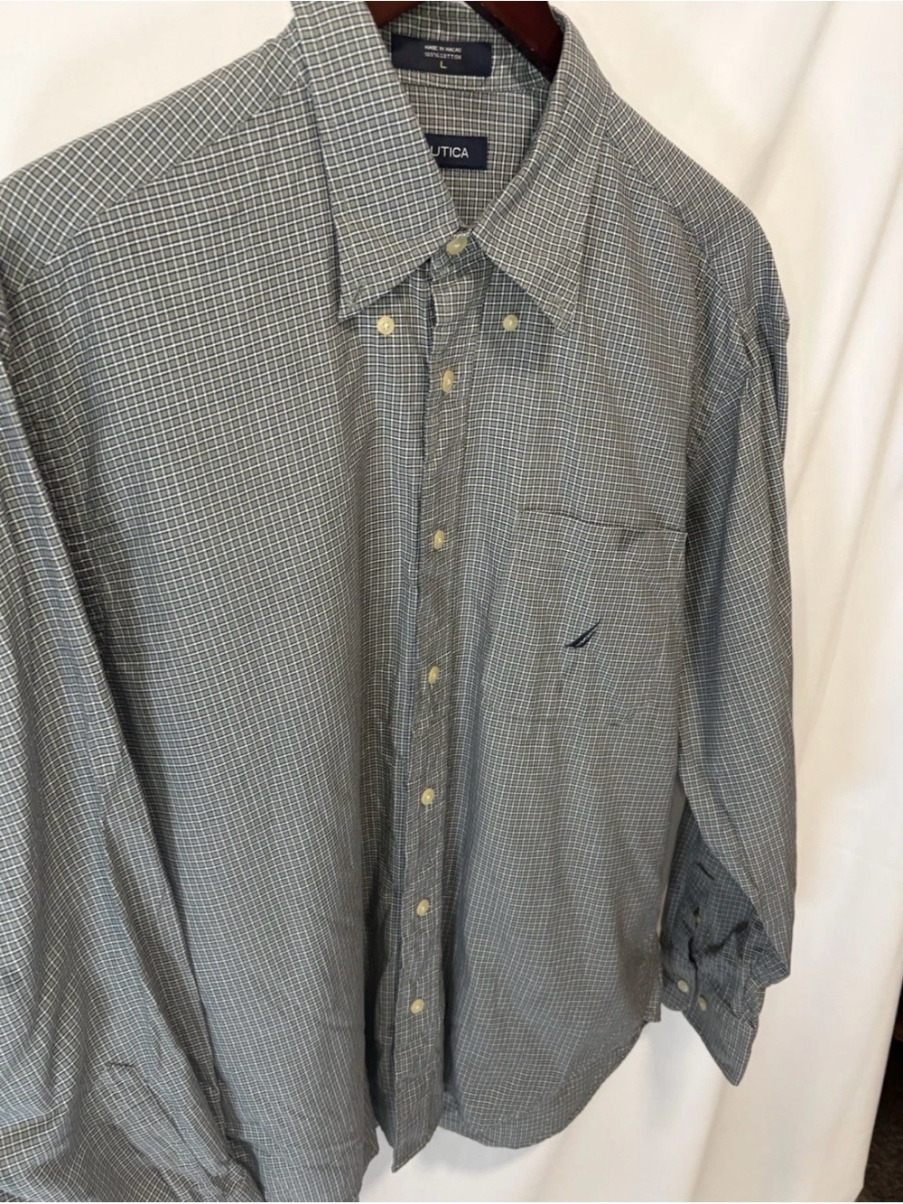 Nautica Men's Long Sleeve Button Up 100% Cotton Long Sleeve Green Plaid Shirt LG - Picture 3 of 7